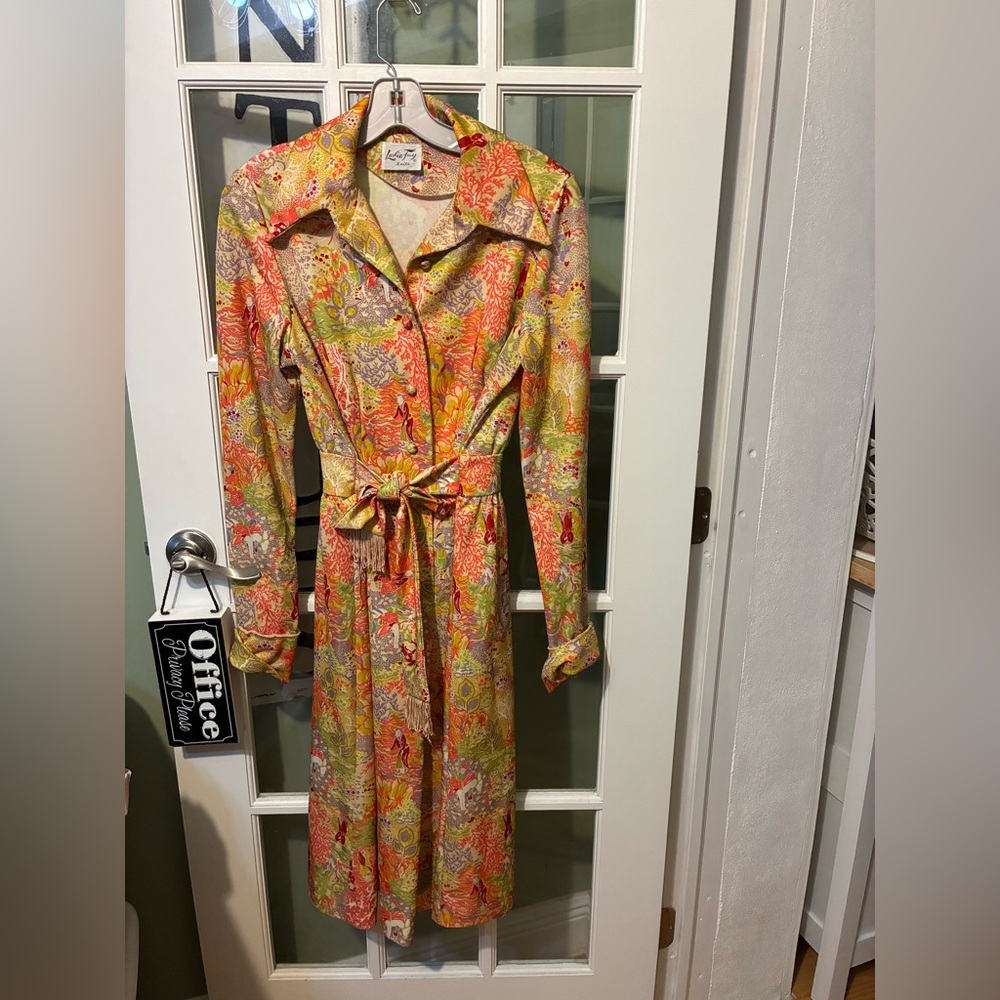 Vintage Leslie Fay Knits Belted Shirt Dress Retro Floral Midi Long Sleeve
